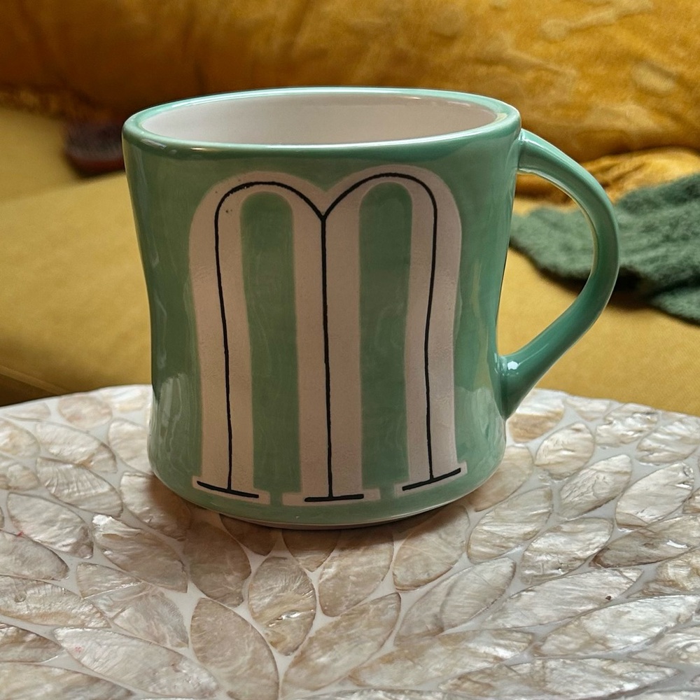 Anthropologie Handpainted Mint Green Monogrammed "M" Coffee/Tea Mug. 12 Oz.